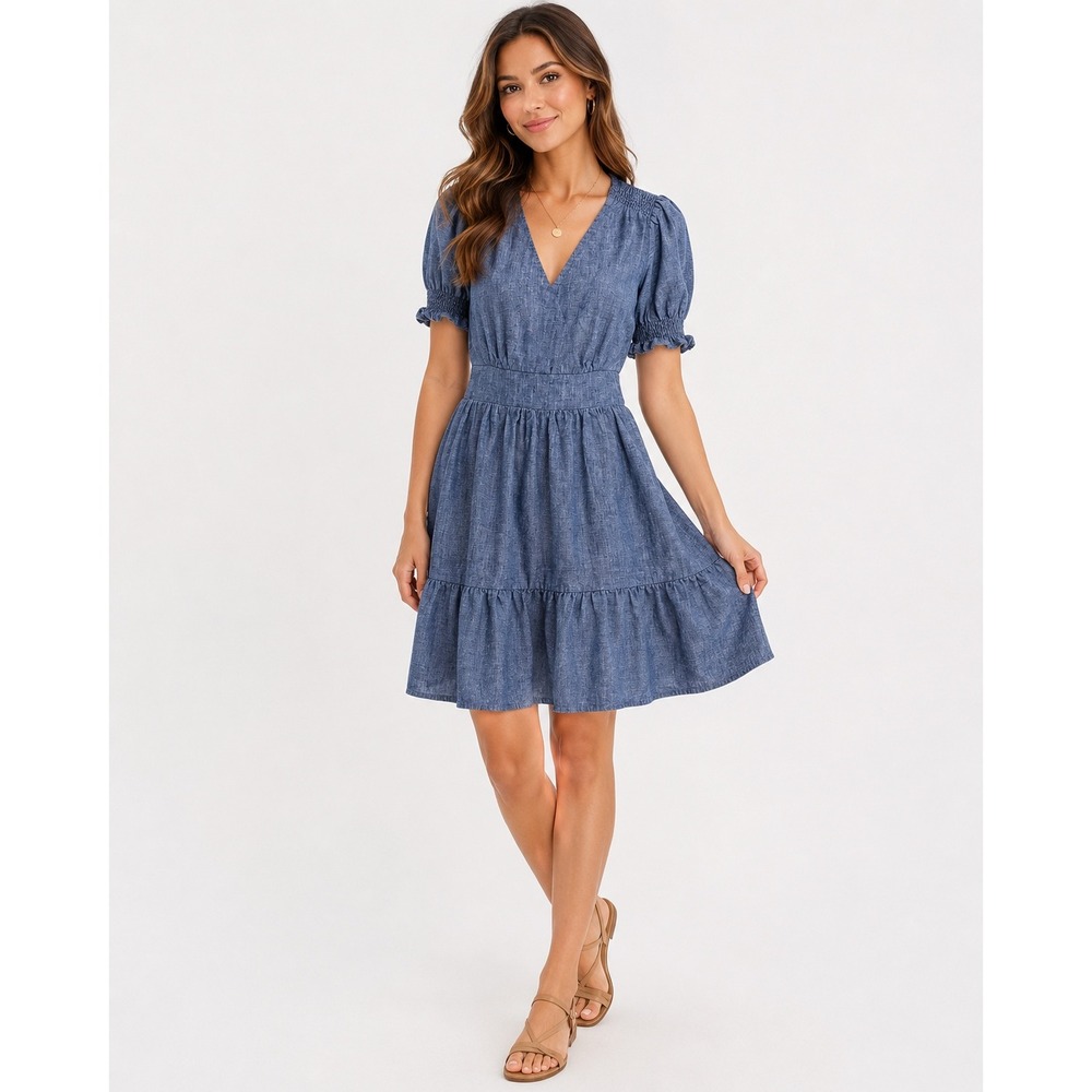 Boden Blue Linen Blend Chambray Smocked Puff Sleeve Tiered Mini Dress US 2R